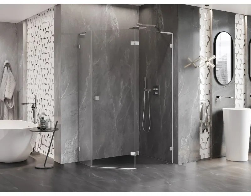 Mexen Lunar, L sklopný päťuholníkový sprchový kút pravý 100 x 90 cm, 8mm číre sklo, chrómový profil, 831L-100P-090L-01-00-P