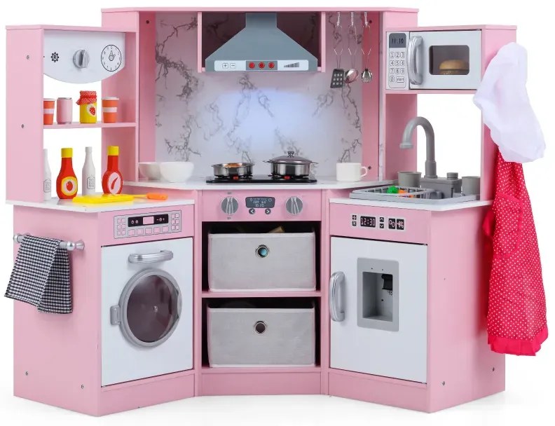 Drevená detská kuchynka so svetlom a zvukom a dávkovačom vody a práčkou a príslušenstvom Hracia kuchynka ružová