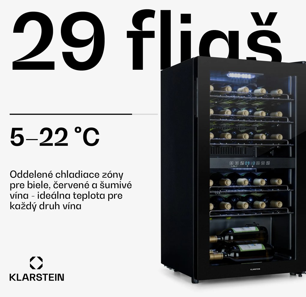 Klarstein Shiraz 29 Duo, vinotéka, 80 l, 29 fliaš, 2 zóny, 5–22°C, dotykové ovládanie, čierna