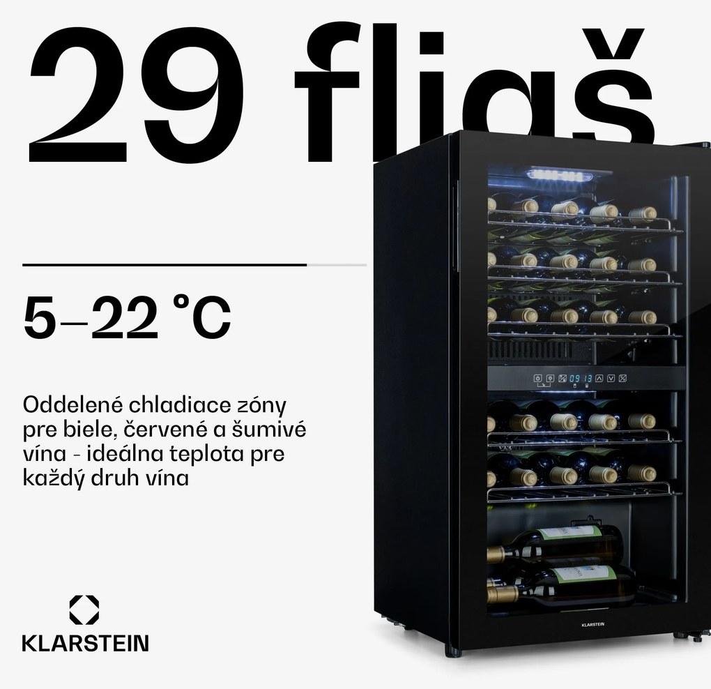 Klarstein Shiraz 29 Duo, vinotéka, 80 l, 29 fliaš, 2 zóny, 5–22°C, ovládanie, čierna