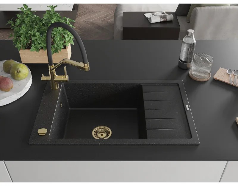 Mexen Elias, 1-komorový granitový drez 795x480x200 mm a drezová batéria Duo, čierna-strieborná metalíza, 6511-73-671701-57-G