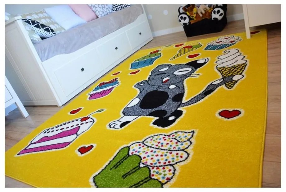 Detský kusový koberec Maškrtný kocúr žltý 280x370cm