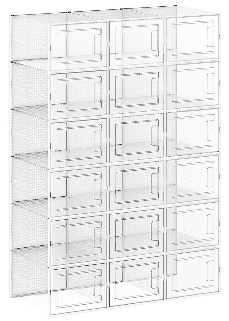 Box na topánky, sada 18ks, priehľadný, biela farba, 18,5x25x35cm