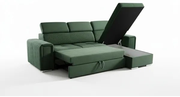 Univerzálna rohová rozkladacia sedacia súprava do L s úložným priestorom SALVADA zelená