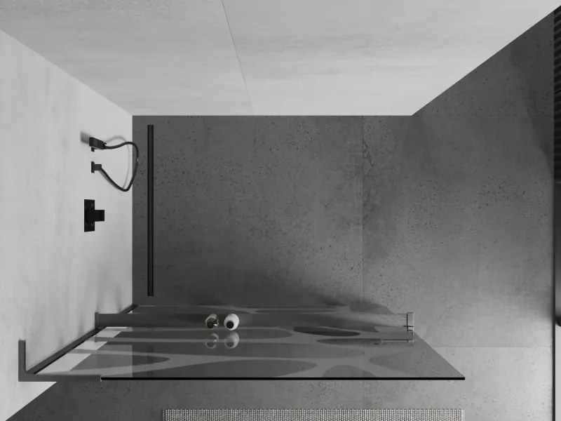Mexen Kioto+ L, sprchová zástena Walk-In s poličkou a vešiakom 120 x 200 cm, 8mm číre sklo biely vzor, grafitový profil, 800-120-123-66-97