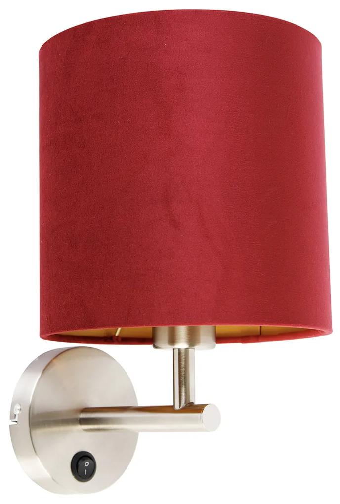 Elegantné nástenné svietidlo oceľové s tienidlom červeného zamatu - matné