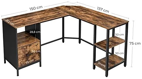 Rohový písací stôl, šuflík so závesným zakladačom, 75x150x137cm