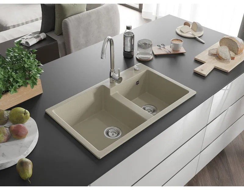 Mexen Tomas, granitový drez 800x500x190 mm, 2-komorový a chrómová batéria Telma, béžová, 6516-69-670200-00