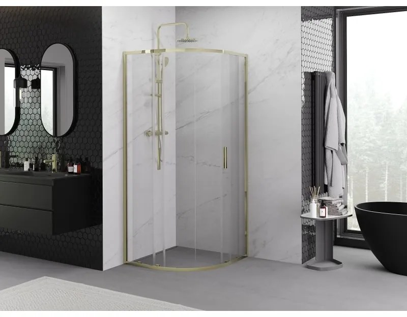 Mexen Exo, posuvný polkruhový sprchový kút 90 x 90 cm, číre sklo, zlatá, 8132-090-090-50-00