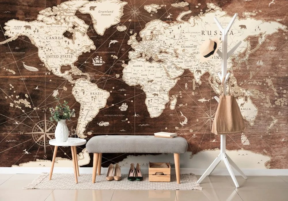 Samolepiaca tapeta historická mapa sveta na drevenom pozadí