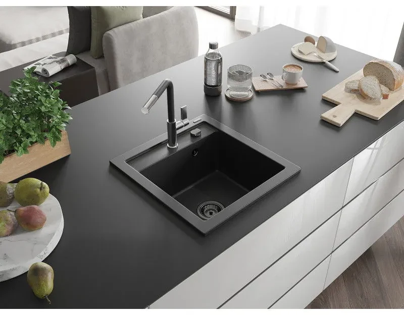 Mexen Vito, 1-komorový granitový drez 490x520x210 mm a drezová batéria Flora, čierna, 6503-77-670401-07-B