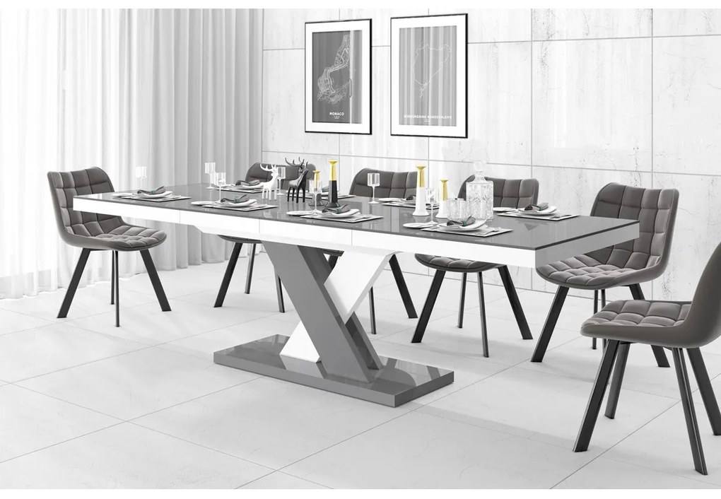 Luxusný rozkladací jedálenský stôl XENON LUX LESK šedý vrch-šedo biele nohy