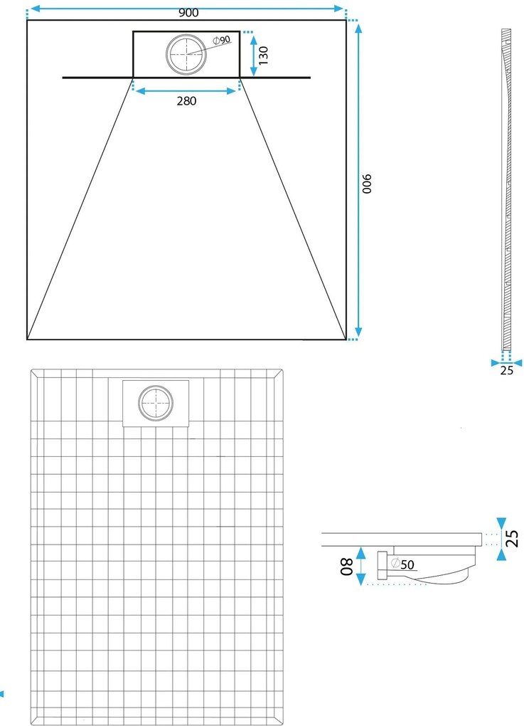 Štvorcová sprchová vanička z SMC kompozitu REA BAZALT 90x90 cm, sivá