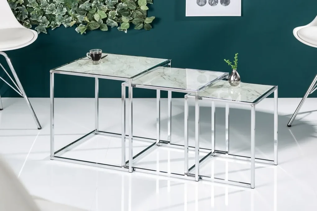 Set odkladacích stolíkov Factor sklo-mramor 3 ks