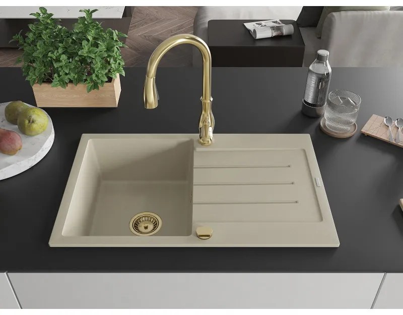 Mexen Bruno, 1-komorový granitový drez 795x495x200 mm a drezová batéria Savita, béžová, 6513-69-672601-50