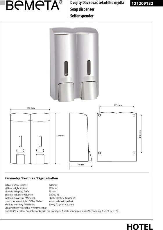 Bemeta Design Dávkovač mydla, 2 x 300 ml, dvojitý, plast, lesk - 121209132