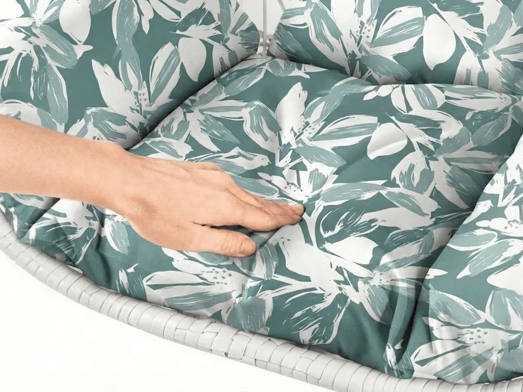 Biele závesné kreslo KOKON bez stojanu, zeleno-biely vankúš