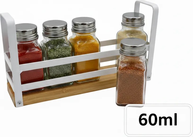 5Five® Sada 5ks hranatých kořenek v praktickém stojánku BALM, bílý kov, dřevo, 21,8 x 5,2 x 12,6 cm