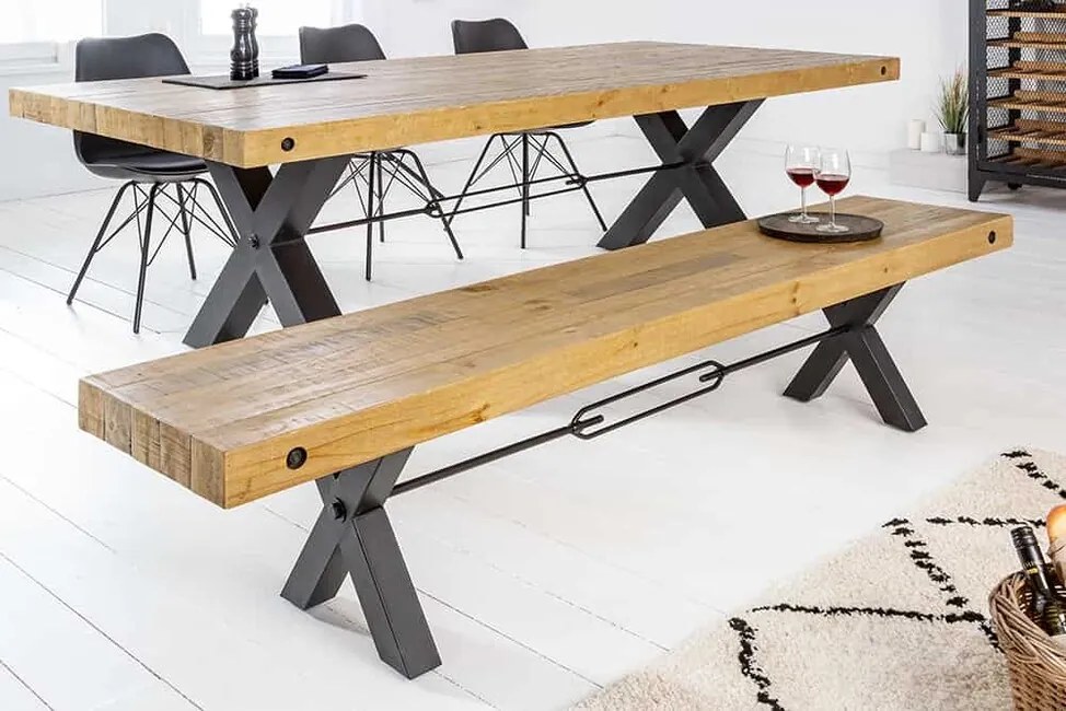 Priemyselná jedálenská lavica z borovicového masívu Thor vintage hnedá 200cm