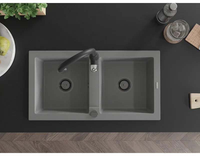 Mexen Mario, 2-komorový granitový drez 820x436x161 mm a drezová batéria Savita, šedá, 6504-71-672601-70-B