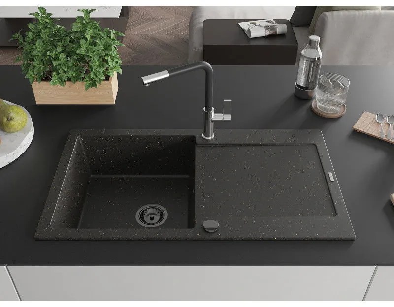 Mexen Leo, 1-komorový granitový drez 900x500x190 mm a drezová batéria Flora, čierna-zlatá metalíza, 6501-75-670401-07-B