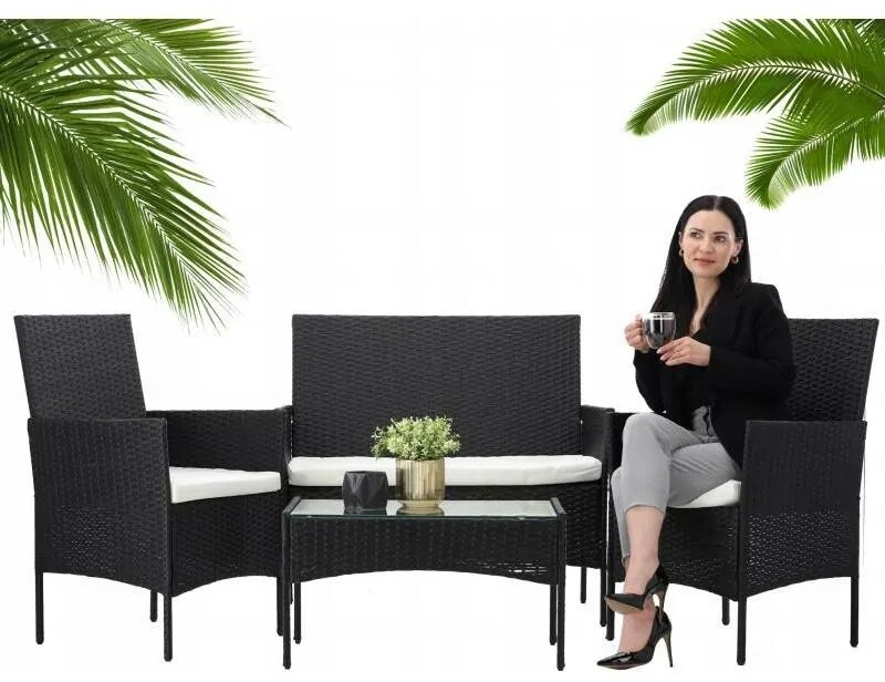 Záhradný ratanový set Aldotrade GardenLine, čierny+ krémové podrúčky