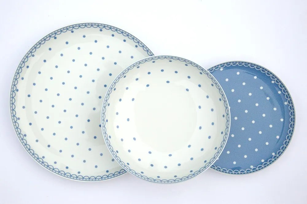Thun 1794 Tom, talířová sada, modré puntíky, karlovarský porcelán, Thun, 18 d.