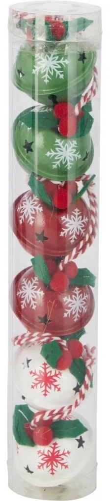 Súprava 6 ks vianočných rolničiek Snowflakes, pr. 4 cm, červená-zelená-biela, kov