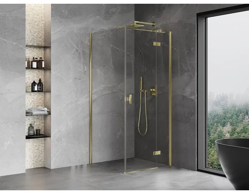 Mexen Mist H T, sprchový kút s výklopnými dverami pravý 75 x 75 cm, číre sklo, zlatá, 8A5T-075-075-50-00-P