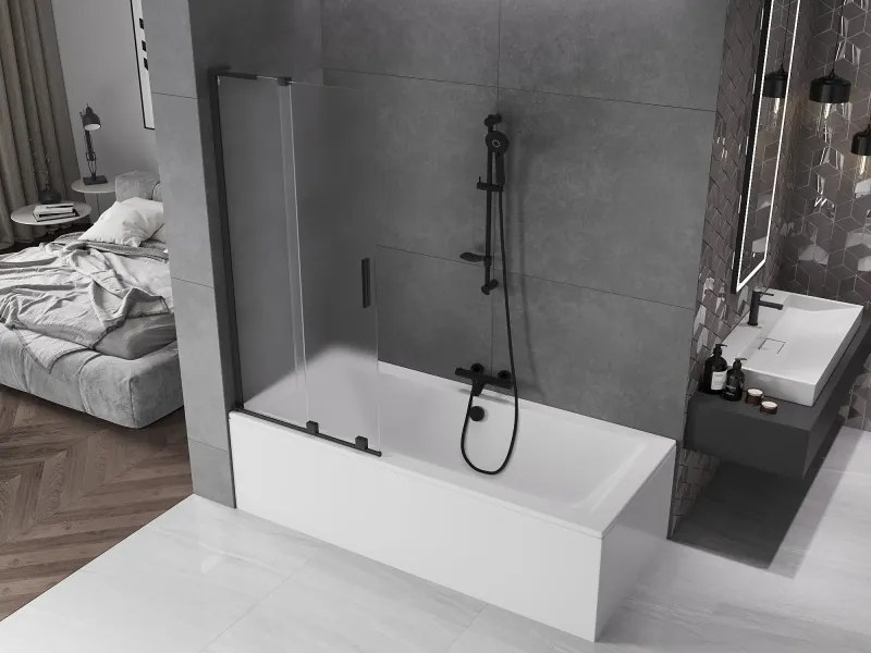 Mexen Velar L, 2-krídlová posuvná vaňová zástena 80 x 150 cm, 8mm sklo námraza, čierna matná, 896-080-003-31-70