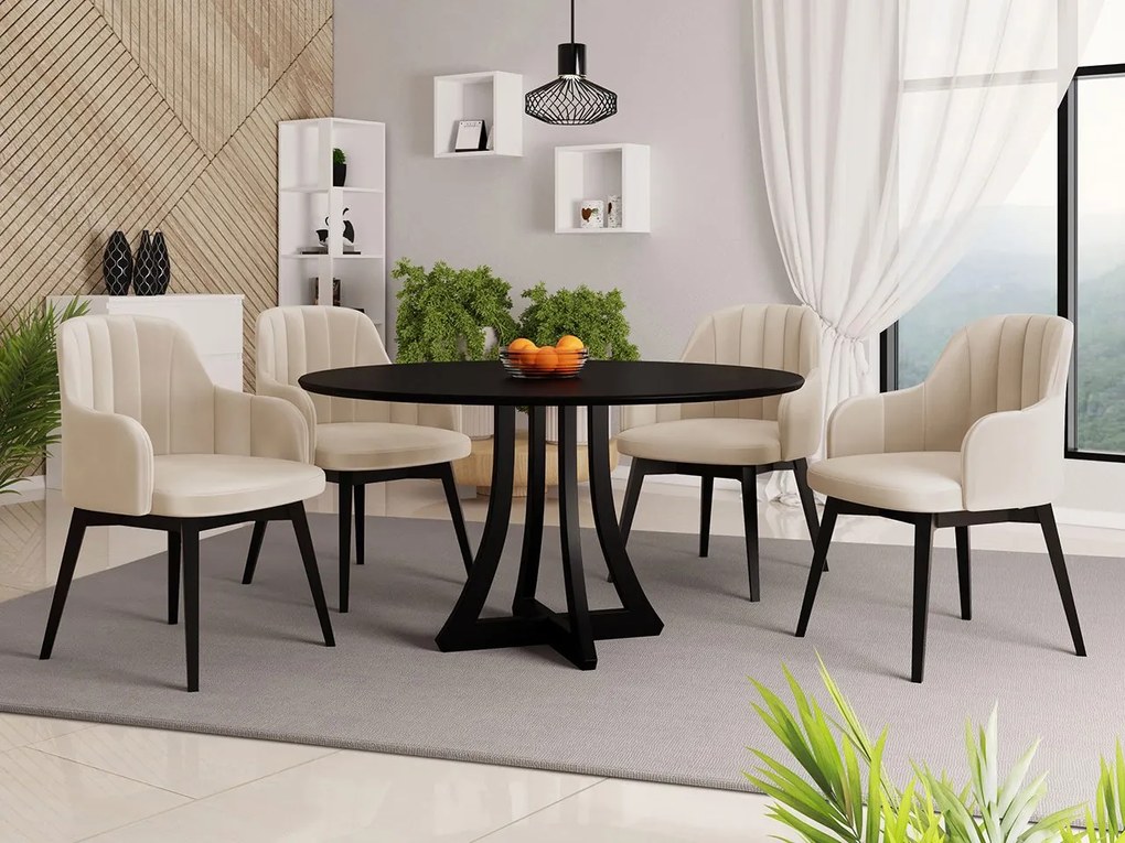 Okrúhly stôl Dagerto FI 120 so 4 stoličkami ST105 05, Dostupné poťahy: Baloo 2073, Farby: biely lesk / čierny lesk