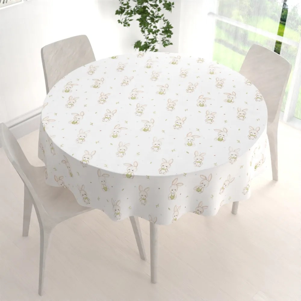 Biante Detský bavlnený okrúhly obrus Sandra SA-401 Zajačiky na bielom Ø 90 cm