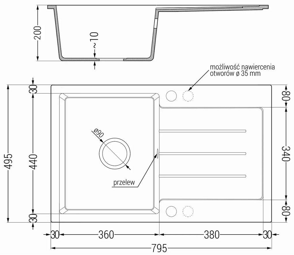 Mexen Bruno, granitový drez 795x495x200 mm, 1-komorový, čierna škvrnitá so zlatým sifónom, 6513791010-76-G