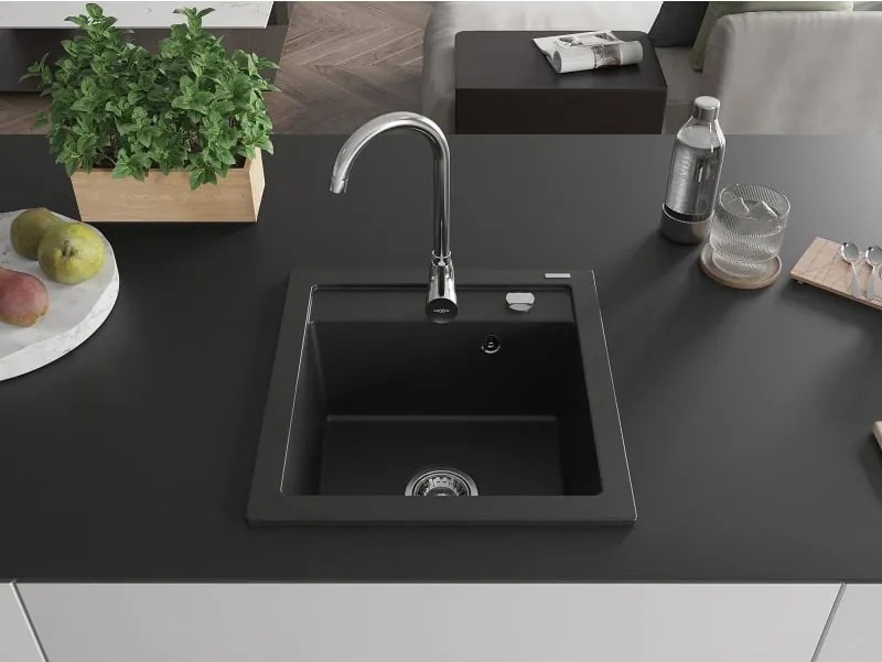 Mexen Vito Granitový kuchynský drez 1-komorový 520 x 490 mm, čierny, sifón chróm - 6503521000-77