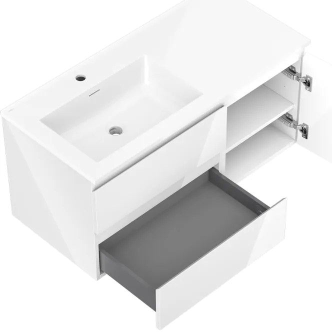 Mexen Orio, kúpeľňová skrinka 100 cm s ľavým umývadlom Otis, 2S, 1D, biela lesklá, 91A13-10047-3-BBFFF00-W18L00