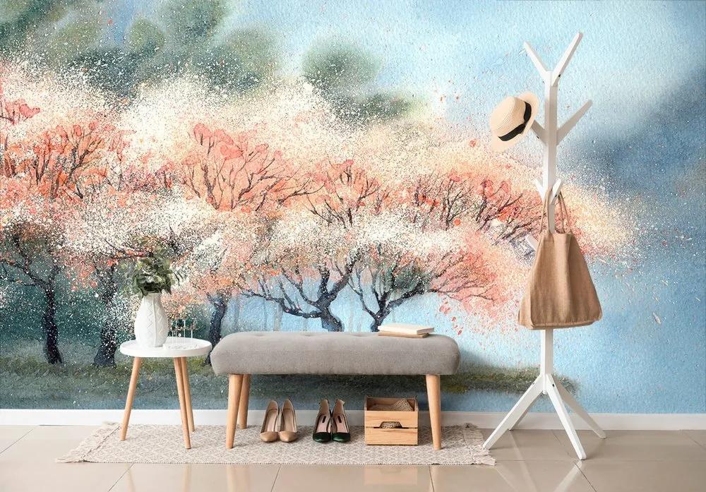 Tapeta akvarelové kvitnúce stromy - 225x150