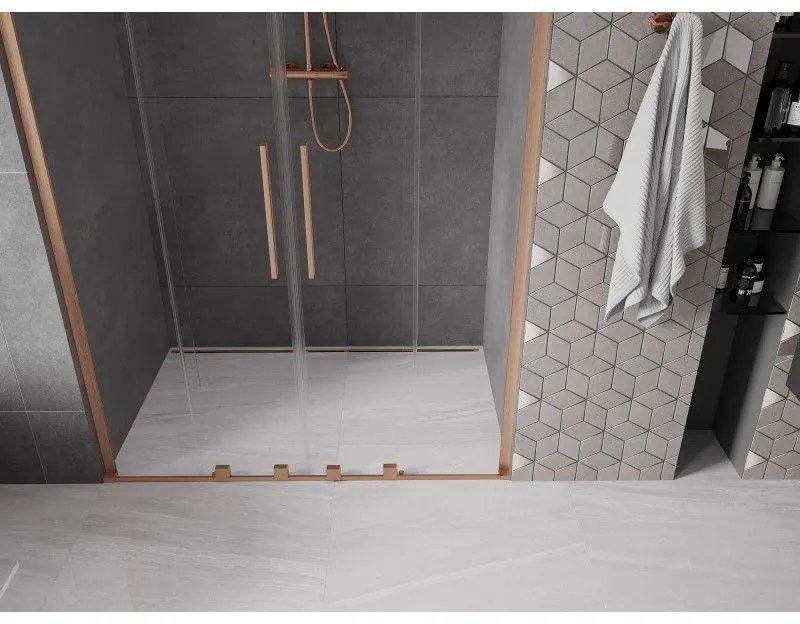 Mexen Velar L Duo, posuvné sprchové dvere do otvoru 150 cm, 8mm číre sklo, medená matná, 871-150-003-02-65