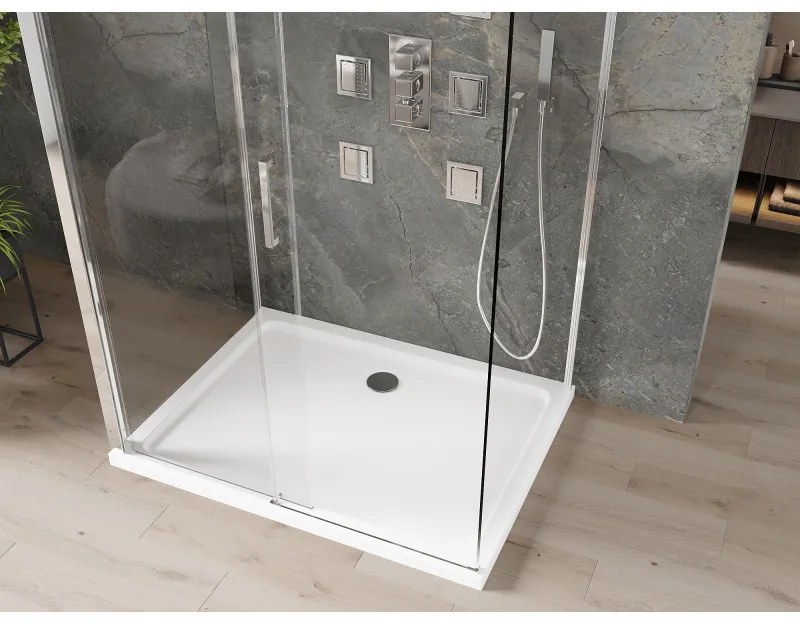 Mexen Omega, 3-stenový sprchovací kút s posuvnými dverami 110 (dvere) x 90 (stena) x 190 cm, 8mm číre sklo, chrómový profil + biela sprchová vanička SLIM, 825-110-090-01-00-3S-4010