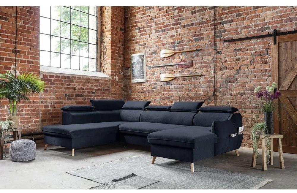 Tmavomodrá zamatová rozkladacia rohová pohovka do "U" (ľavý roh) Sweet Harmony – Miuform