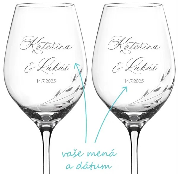 Svadobné poháre na víno Brúsené lístočky s menami 2 ks