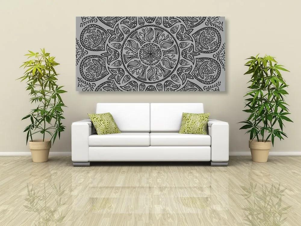 Obraz Mandala s abstraktným prírodným vzorom v čiernobielom prevedení - 100x50
