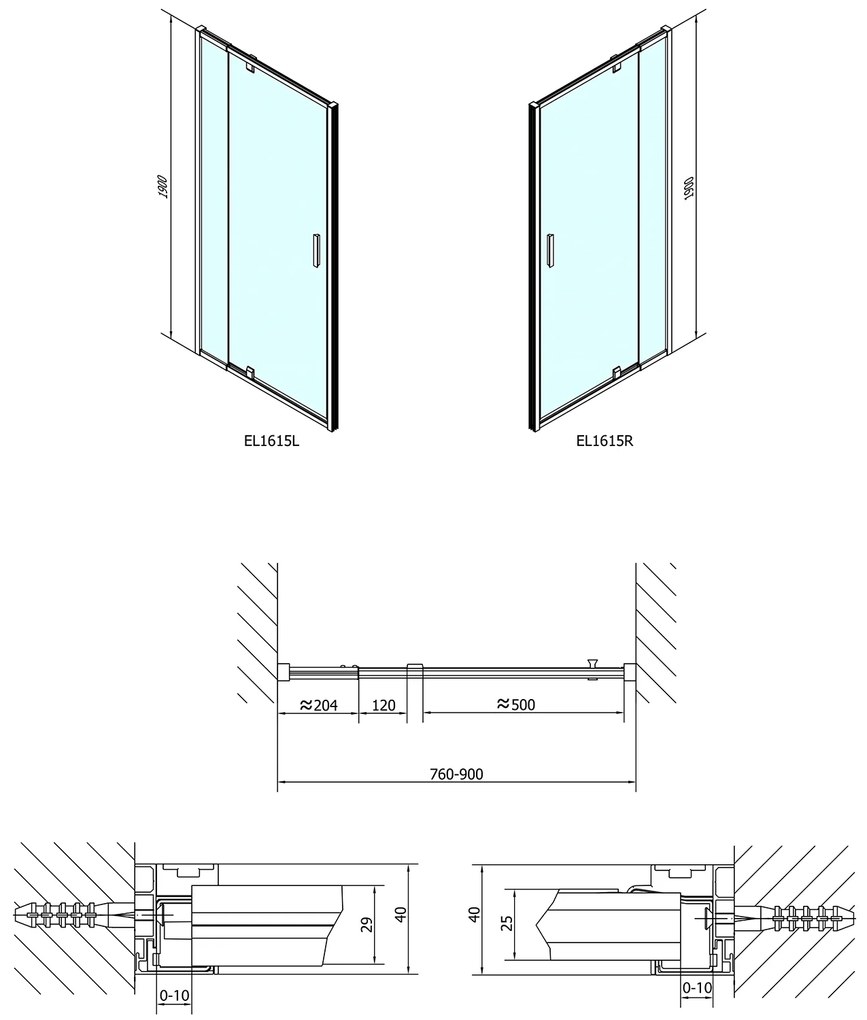 Polysan Polysan, EASY LINE otočné sprchové dvere 760-900mm, číre sklo, EL1615