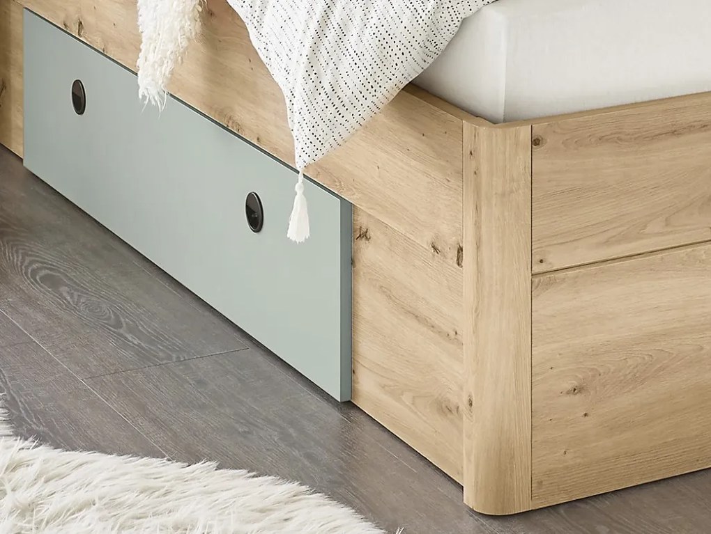 Posteľ s nočnými stolíkmi Savina 180x200 cm, dub artisan/šalviová, s osvetlením