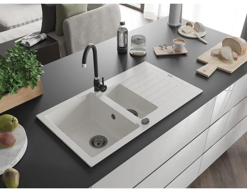 Mexen Matias - drez granitový 900x505x200 mm, 1,5-komorový, biela s čiernym sifónom, 6502901505-20-B