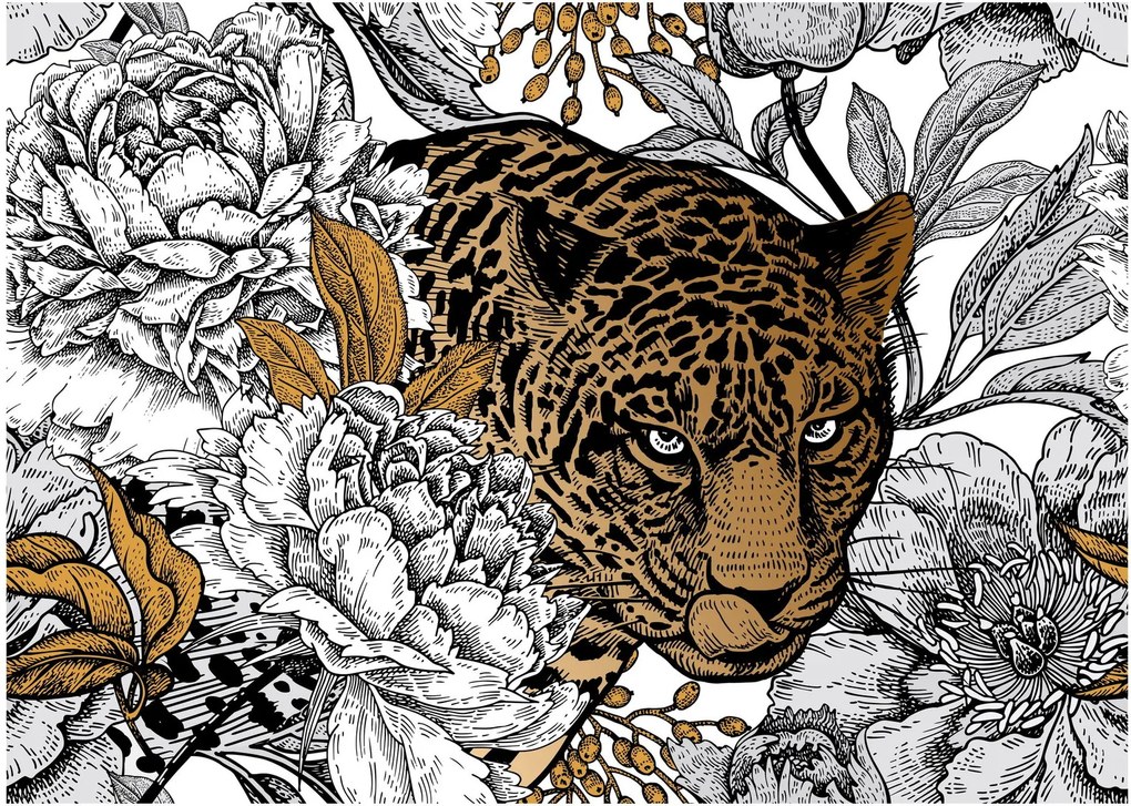 Sklenený obraz - Leopard medzi kvetmi (70x50 cm)