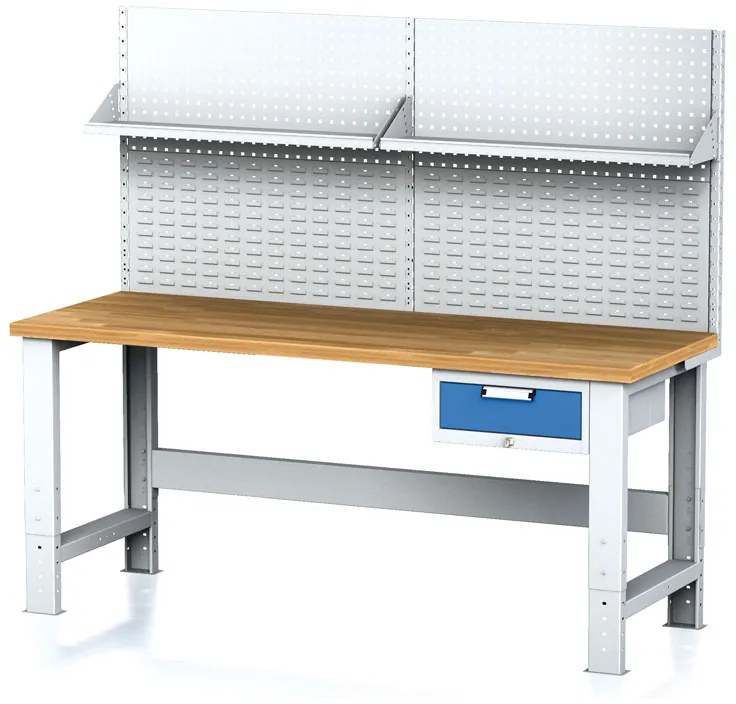 Alfa 3 Nastaviteľný dielenský stôl MECHANIC I, závesný box na náradie, nadstavba, polica, 1 zásuvka, 2000x685x700-1055 mm, modré