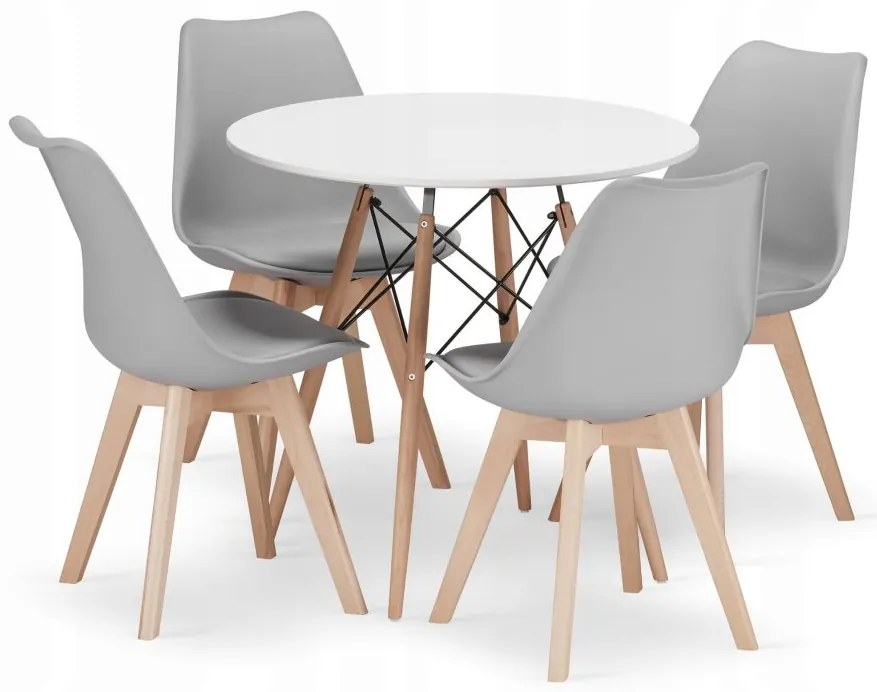 Jedálenská zostava TODI 80cm okrúhly stolový set biely+ 4 stoličky MARK sivé
