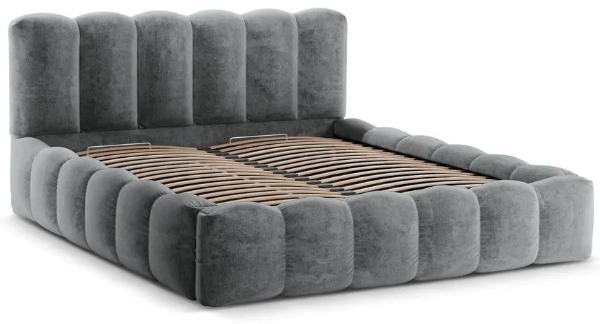 Sivá čalúnená dvojlôžková posteľ s úložným priestorom a roštom 200x200 cm Lupine – Micadoni Home