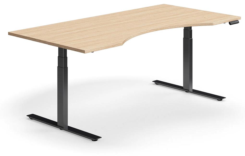 Výškovo nastaviteľný stôl QBUS, s výrezom, 2000x1000 mm, čierny rám, dub