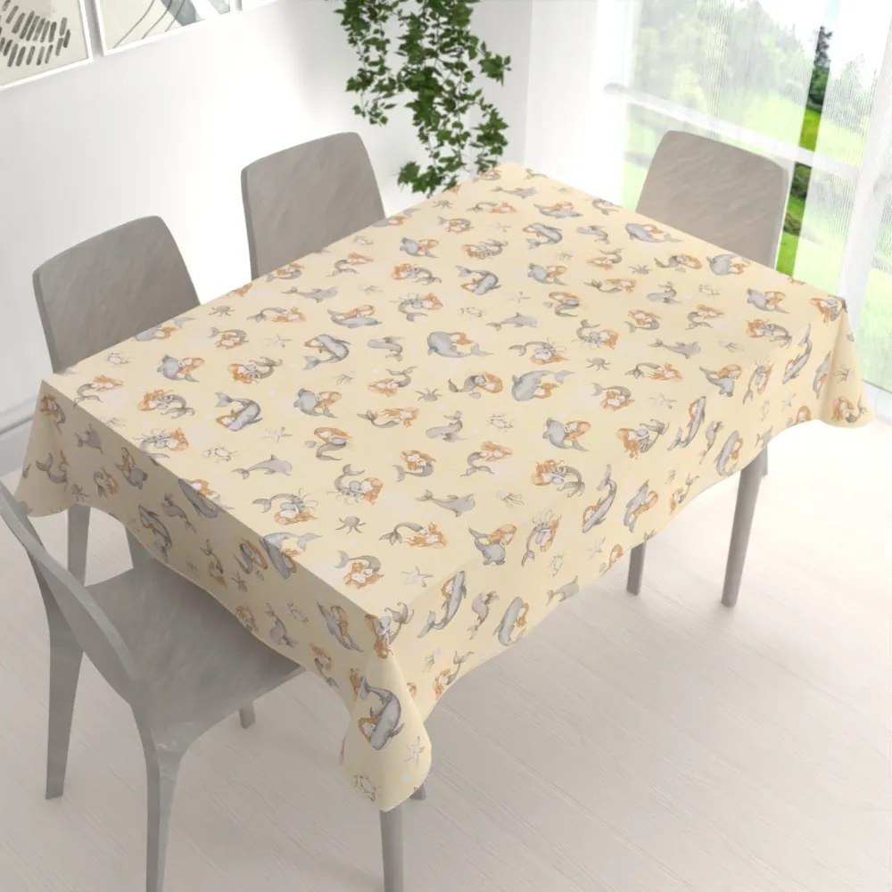 Biante Detský bavlnený obdĺžnikový obrus Sandra SA-670 Sivo-hnedé morské panny s delfínmi na žltobéžovom 50x100 cm